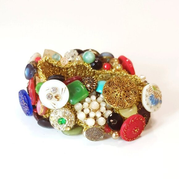 Vintage Art Deco Lucite Beads Rhinestone Buttons Stretch Elastic Cuff Bracelet - Picture 3 of 5